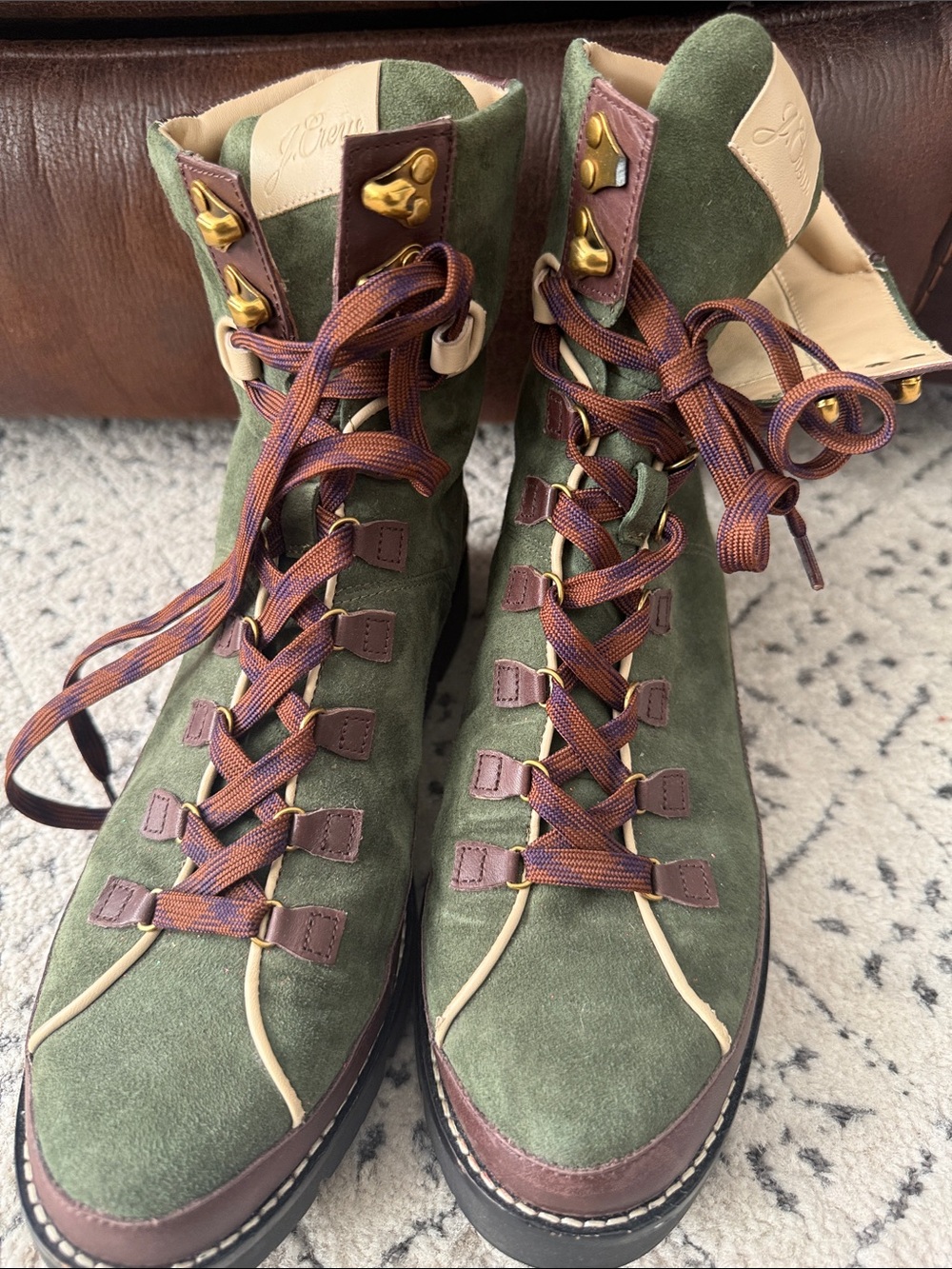 J. Crew Olive Suede Lace-Up Hiking Boots with Brown Accents
